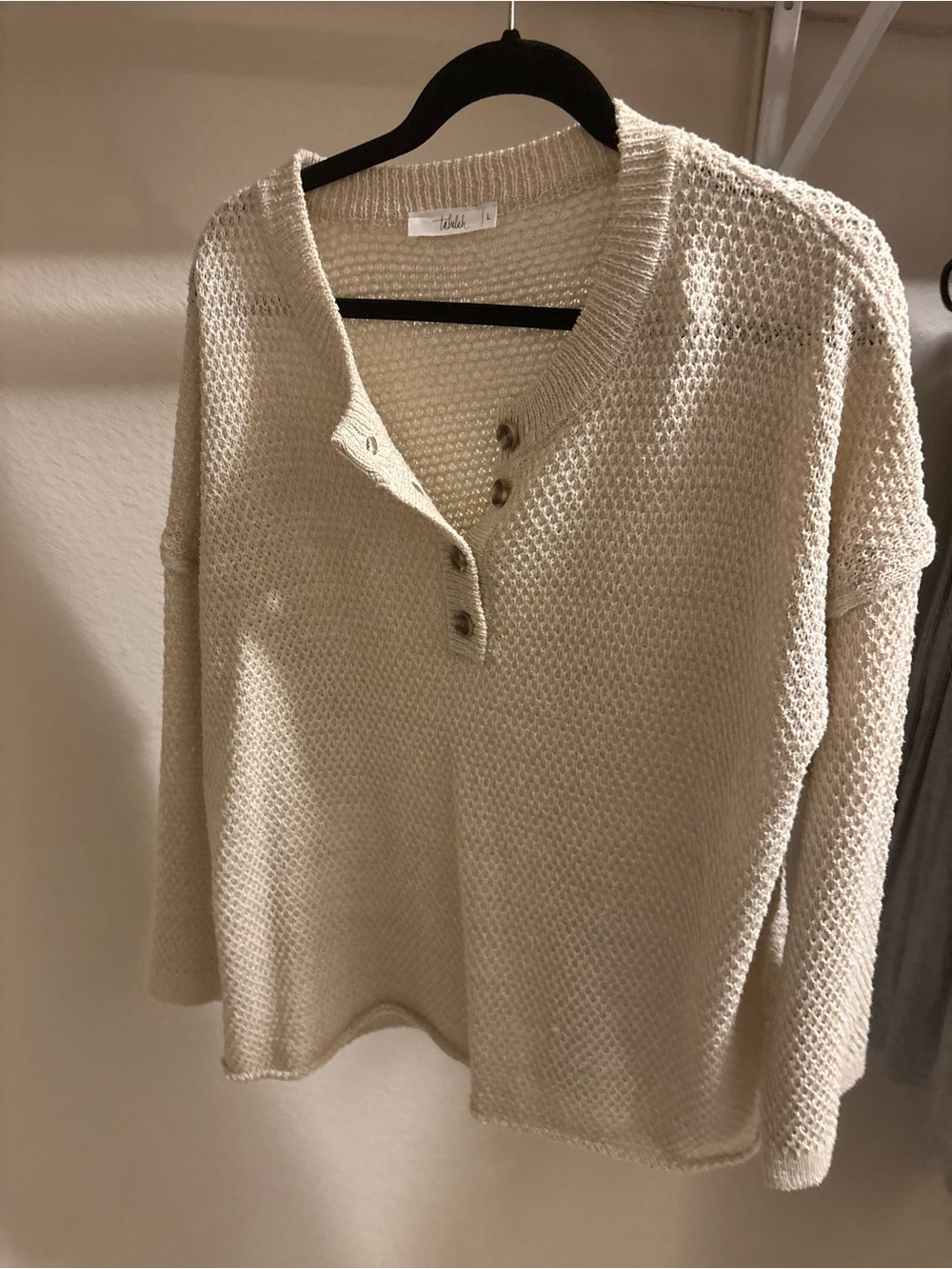 TALULAH Open-Knit Henley Sweater in Cream